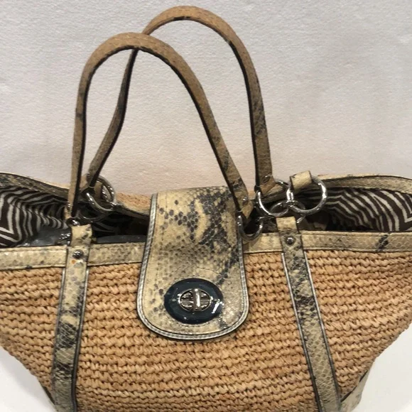 Coach Hampton Python Leather Trim Straw Shoulder Tote - Picture 6 of 12